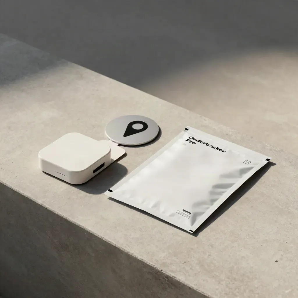 Flatlay van trackinghub, tag, marker en mailer op licht beton.