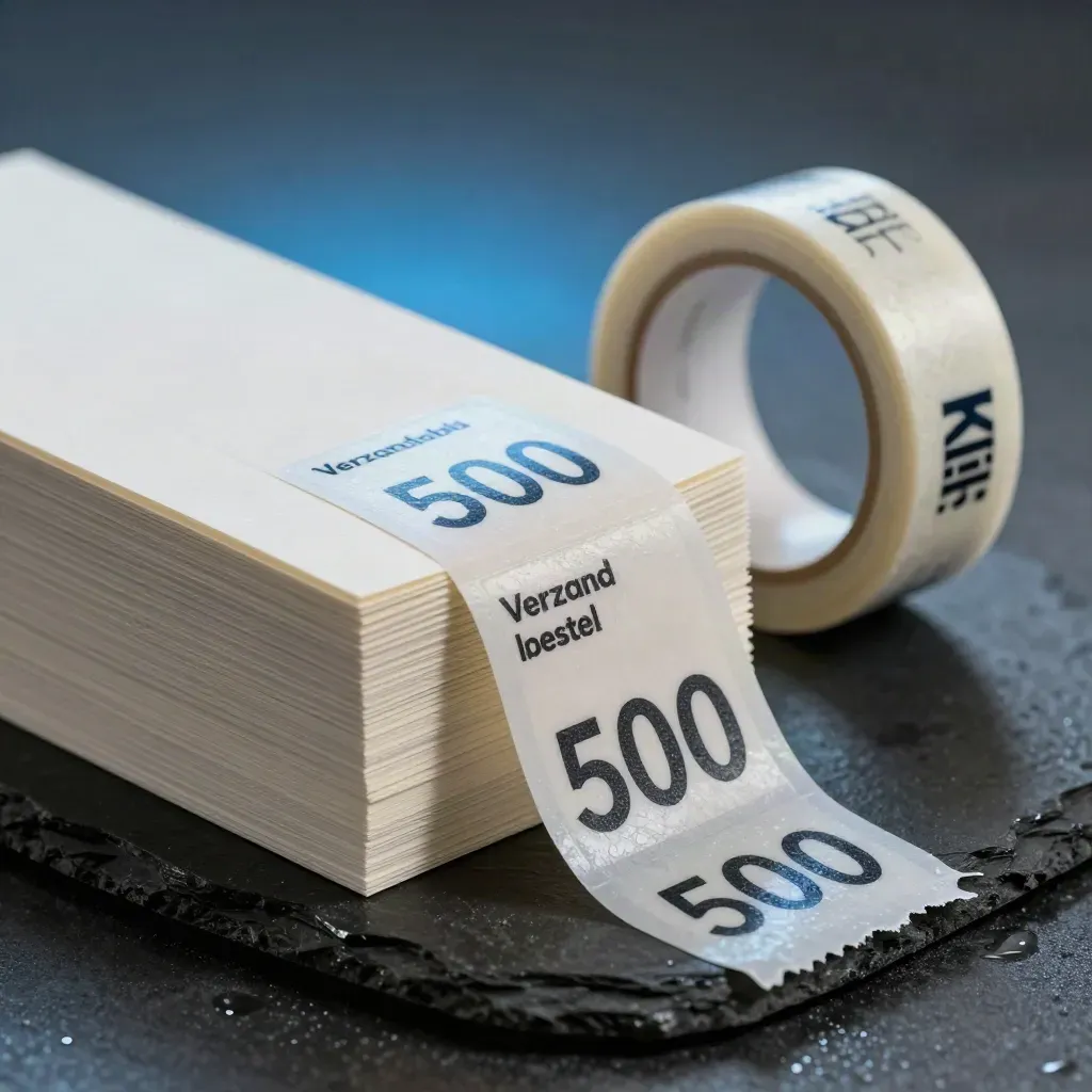 Close-up van verzendlabels op nat basalt met een afrol tape en koele blauwgrijze glans