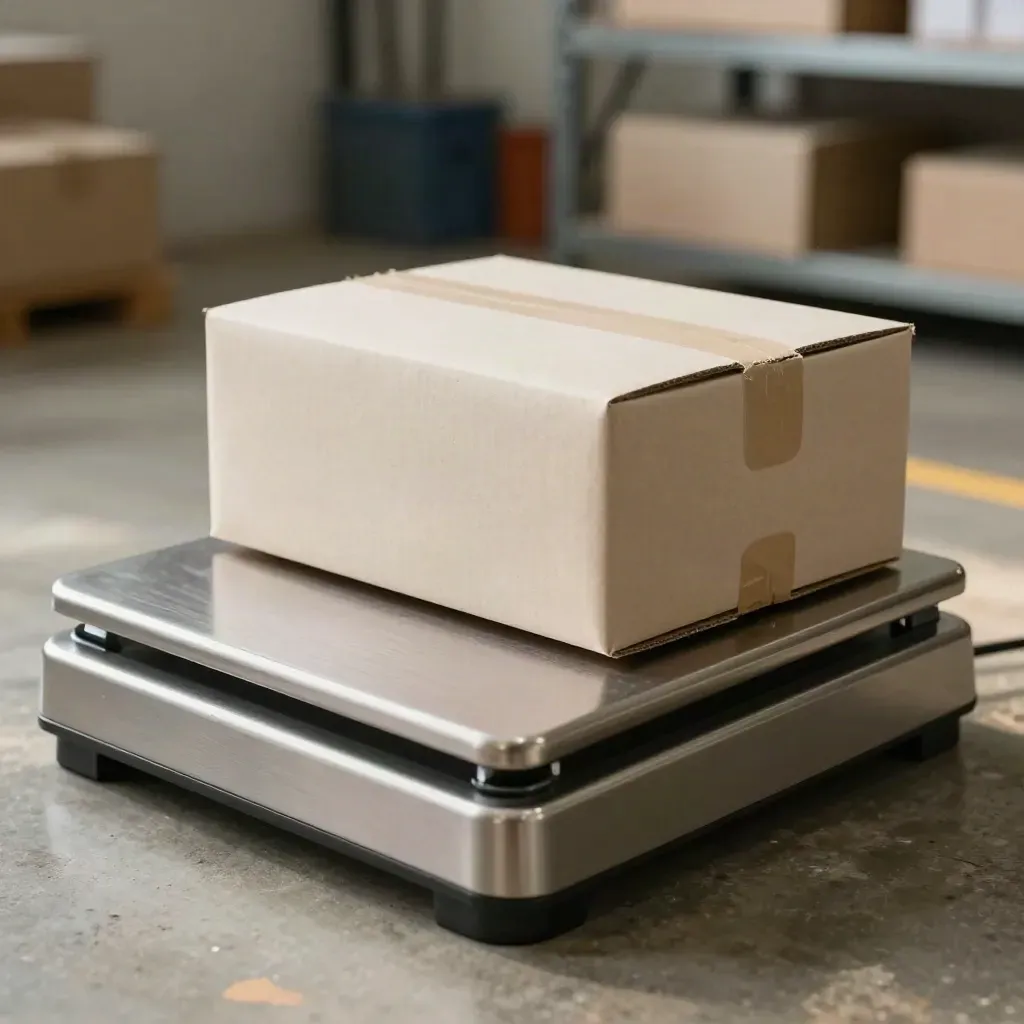 Brushed-metalen pakketweegschaal met kartonnen doos in zacht werkplaatslicht