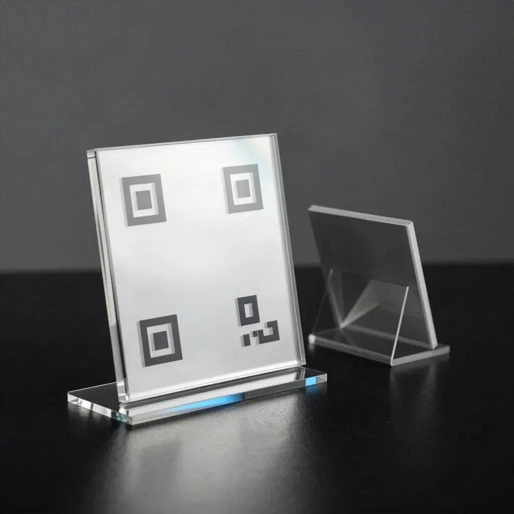 Acryl QR-bordje en kaartstandaard op zwarte ondergrond met blauw randlicht